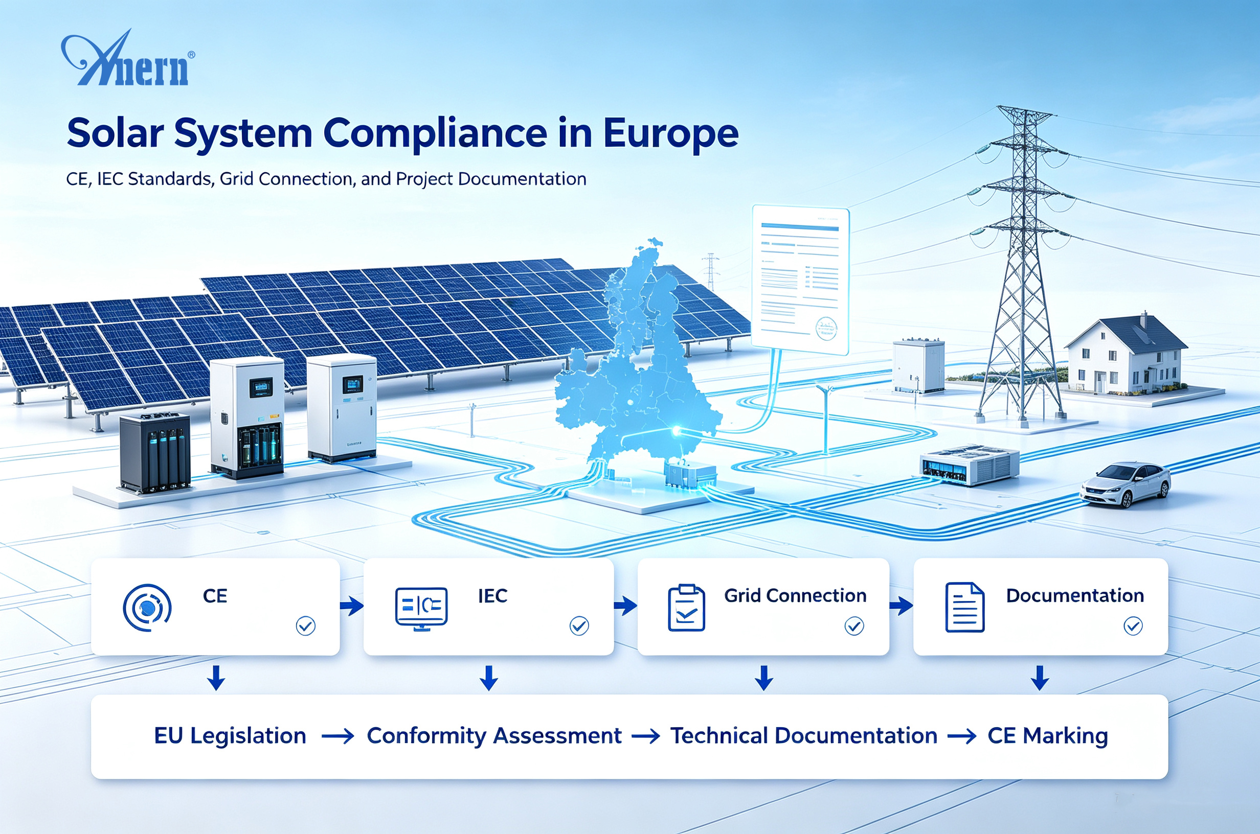Cumplimiento del sistema solar en Europa: normas CE, IEC, conexión a la red y documentación del proyecto